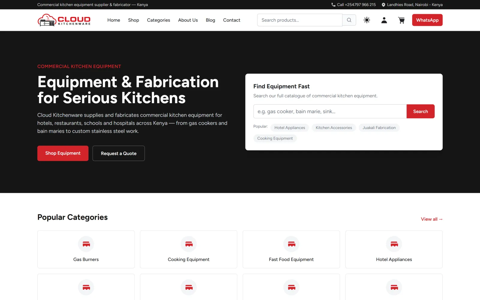 Homepage of the Cloud Kitchenware website built by Blessedave Technologies