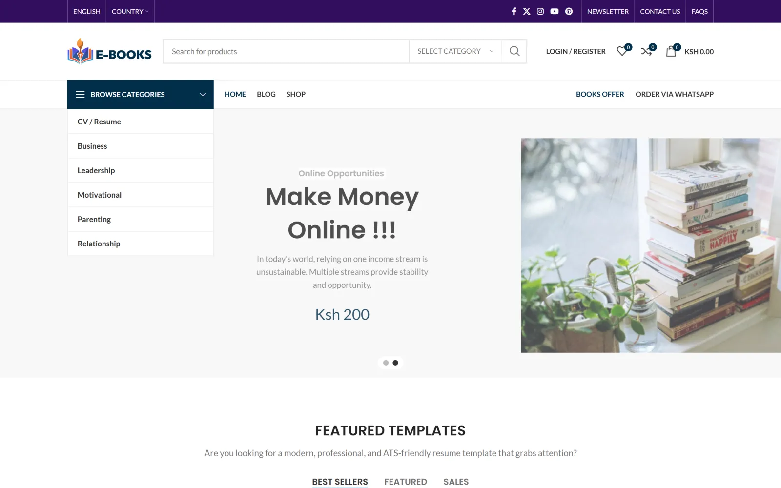 Homepage of the E-books Kenya website built by Blessedave Technologies