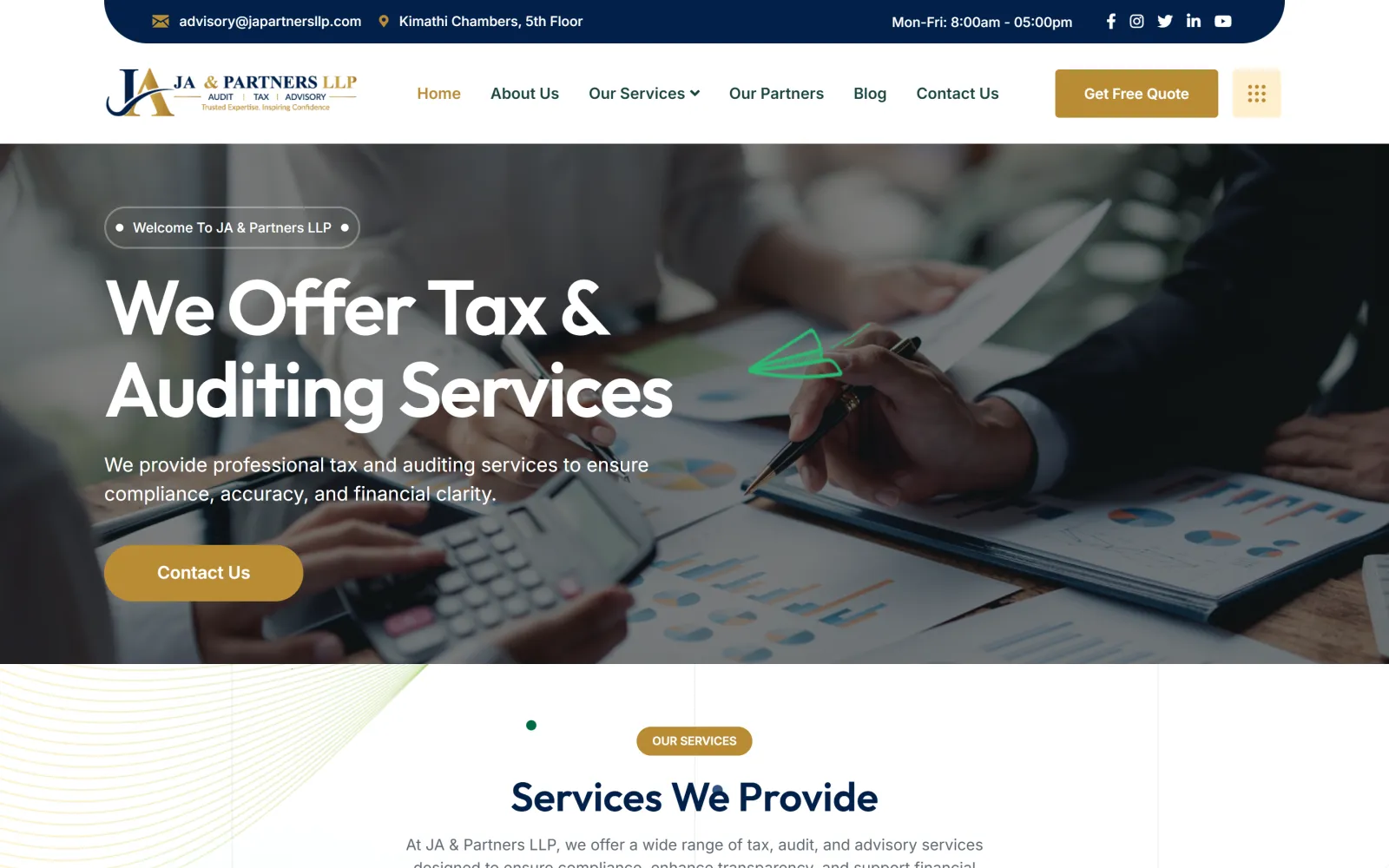 Homepage of the JA & Partners LLP website built by Blessedave Technologies