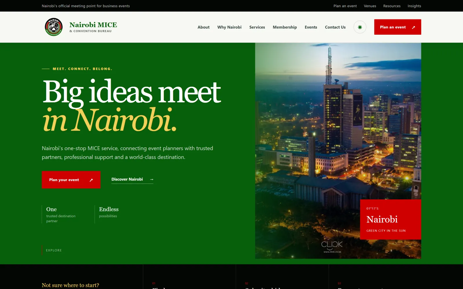 Homepage of the Nairobi MICE Bureau website built by Blessedave Technologies