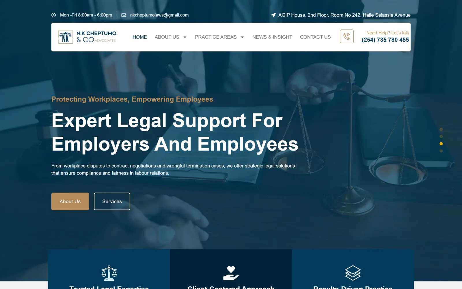 Homepage of the NK Cheptumo Advocates website built by Blessedave Technologies