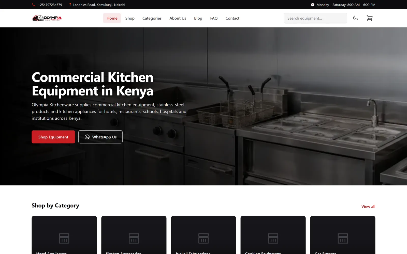 Homepage of the Olympia Kitchenware website built by Blessedave Technologies