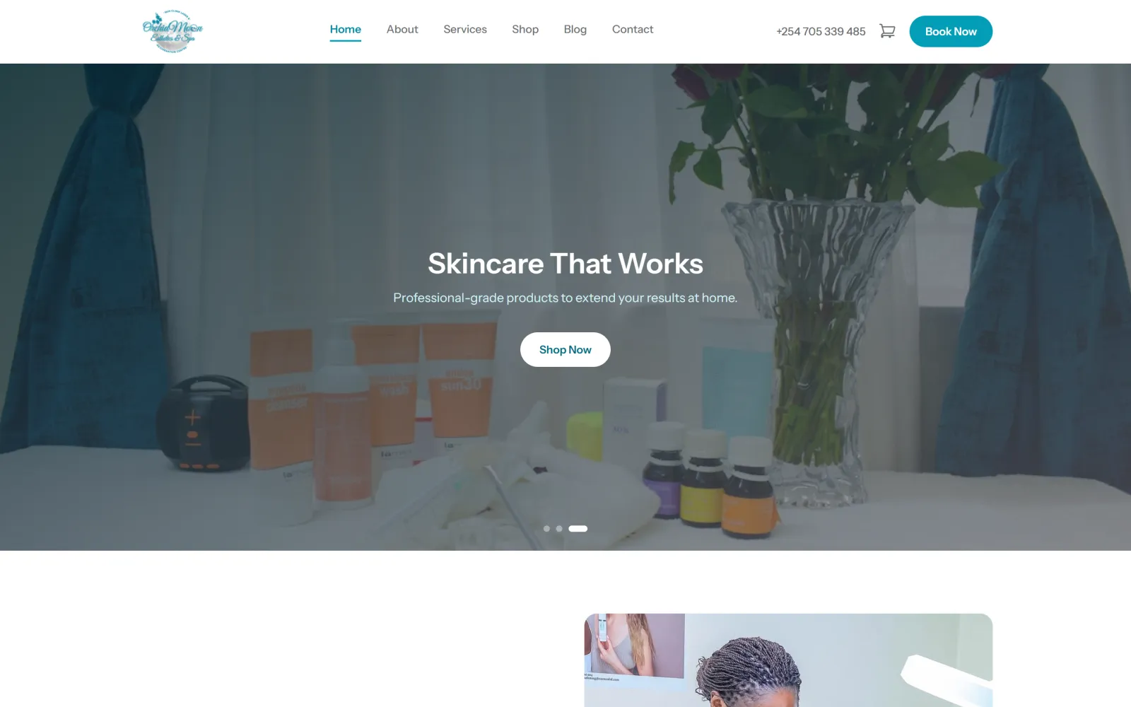 Homepage of the Orchid Moon Esthetics & Spa website built by Blessedave Technologies
