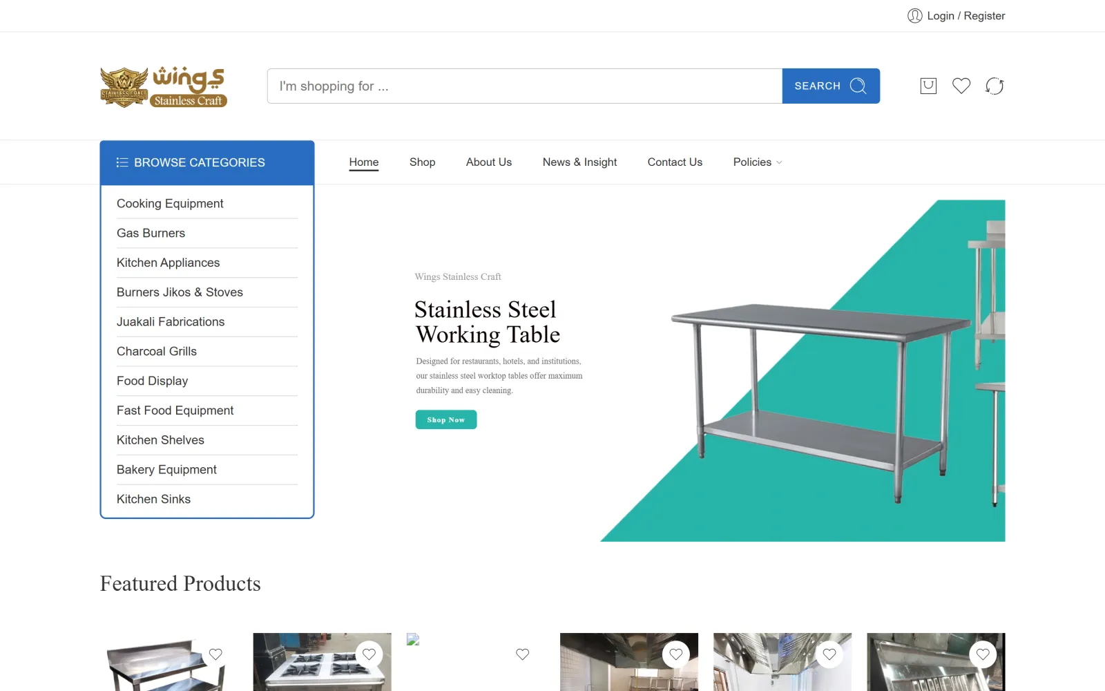 Homepage of the Wing Stainless Craft E-commerce website built by Blessedave Technologies