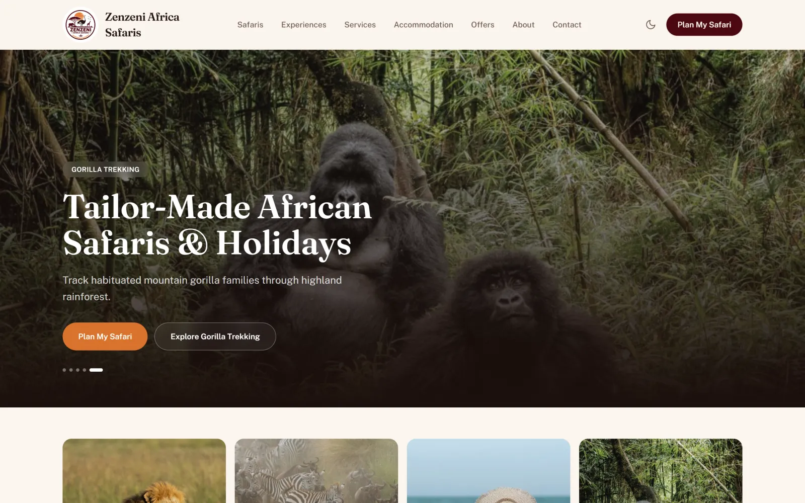 Homepage of the Zenzeni Africa Safaris website built by Blessedave Technologies