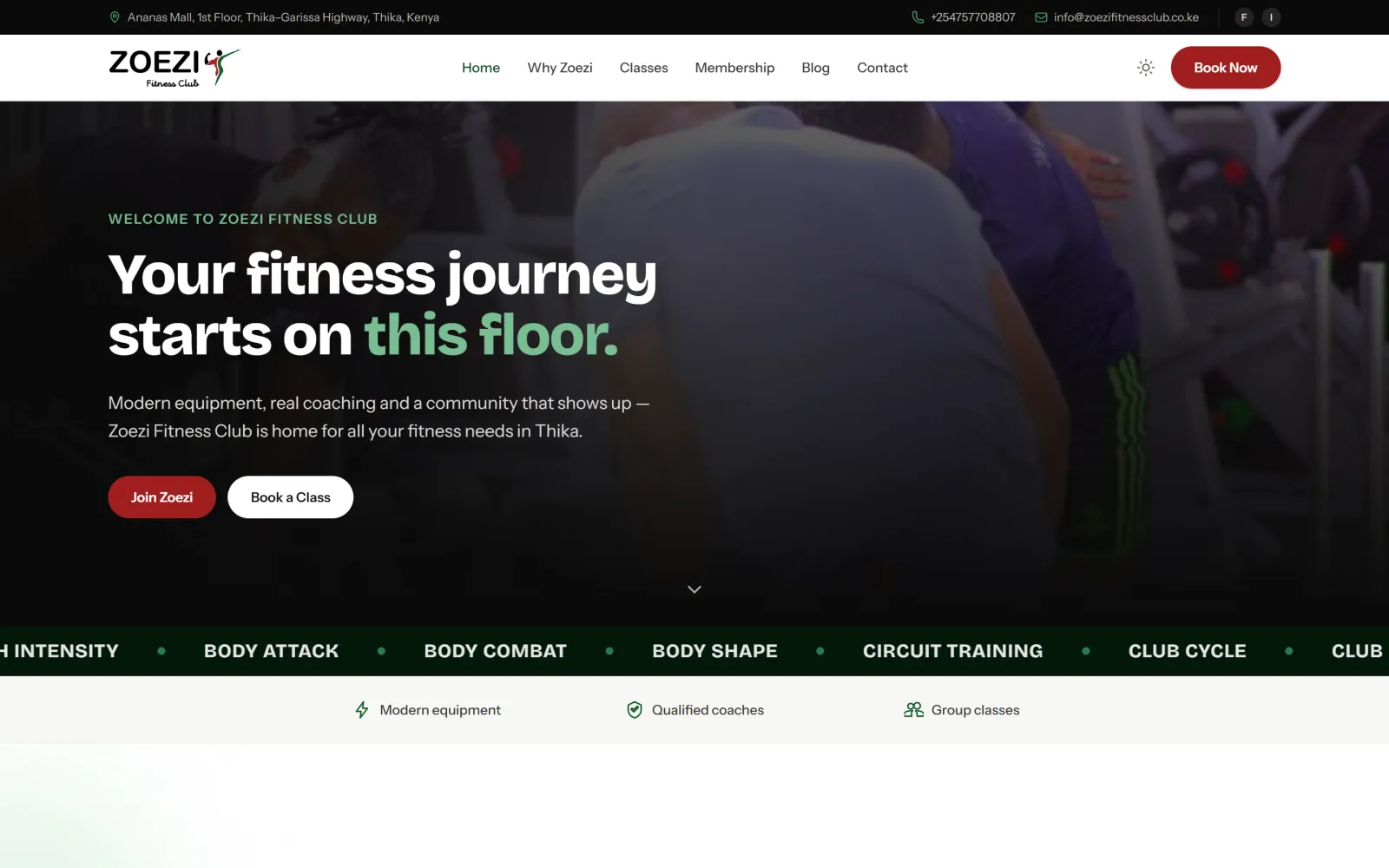 Homepage of the Zoezi Fitness Club website built by Blessedave Technologies